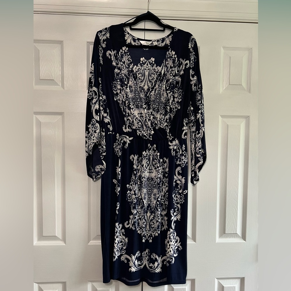 Mlle Gabrielle Blue and White Faux Wrap Dress with Bishop Sleeves